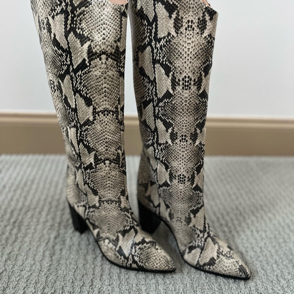 SCHUTZ Black and Cream Heeled Boots Snakeskin Pattern